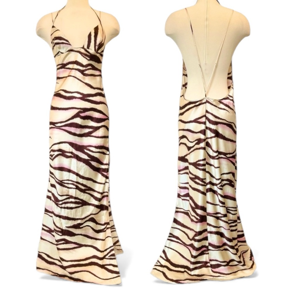 🌺SOLD🌺Victoria’s Secret Silk Ivory Pink Tan Tiger Striped Maxi Gown Slip Dress L - Picture 8 of 10